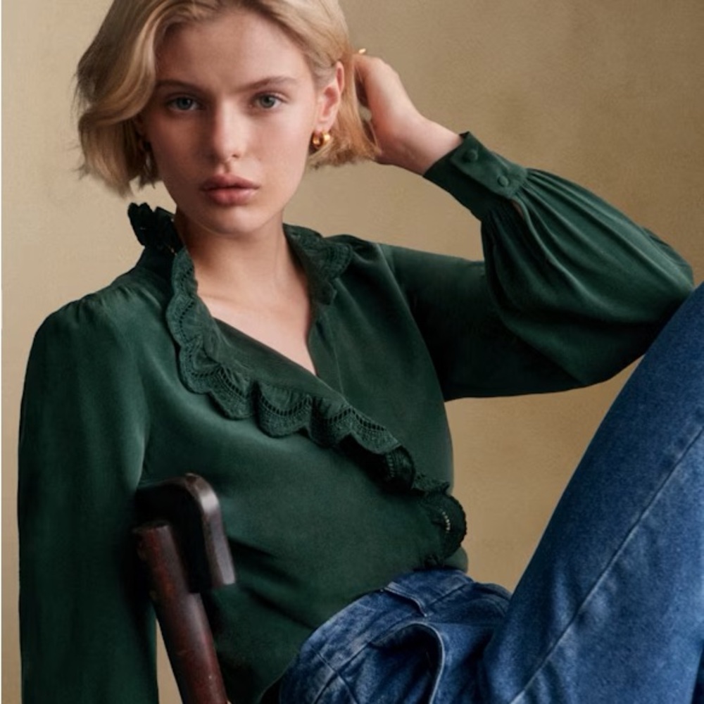 Sezane Chlo Silk Shirt | FR 40 (US 8) | Bottle Green